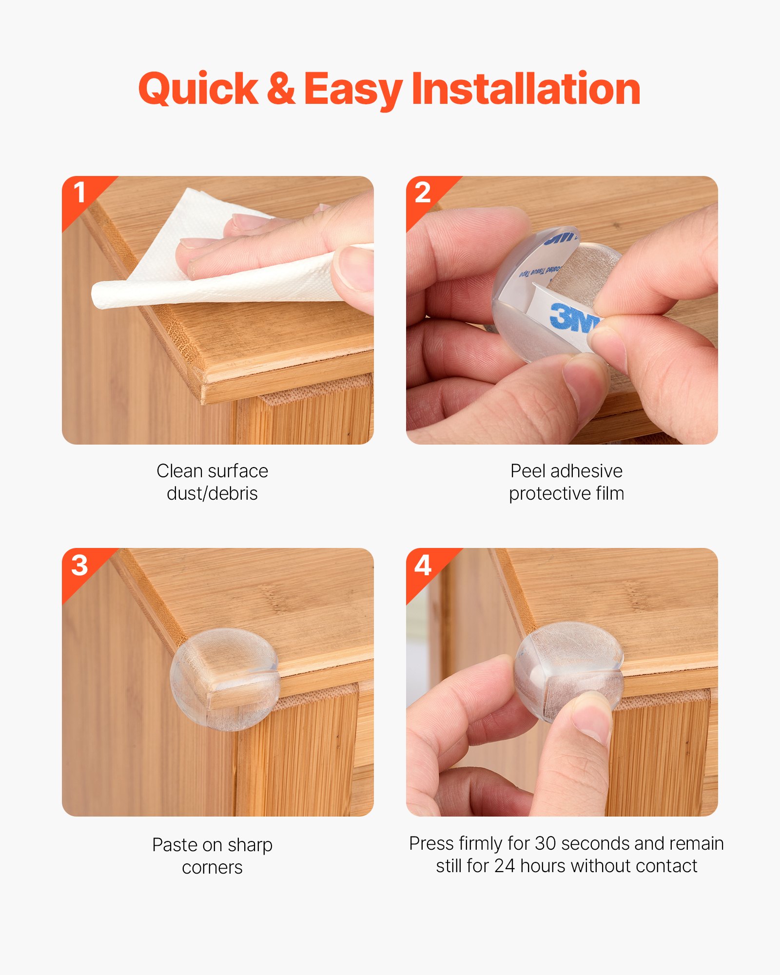 Protectores de esquinas VEVOR para bebés, paquete de 24, transparentes y resistentes, para mesas de bebé, 3,4 cm de profundidad, 0,7 cm de grosor, adhesivo fuerte, amortiguan los bordes afilados de los muebles.