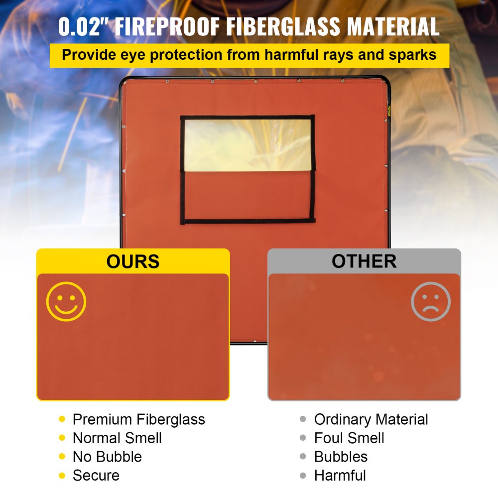 VEVOR Welding Curtain, 6' x 6', Welding Screen with Metal Frame & 4 Wheels, Fireproof Fiberglass with Transparent Window, for Workshop, Industrial Site, Red
