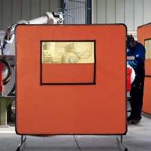 Cortina de sudură VEVOR, 6' x 6', ecran de sudură cu cadru metalic și 4 roți, fibră de sticlă ignifugă cu fereastră transparentă, pentru atelier, șantier industrial, roșu