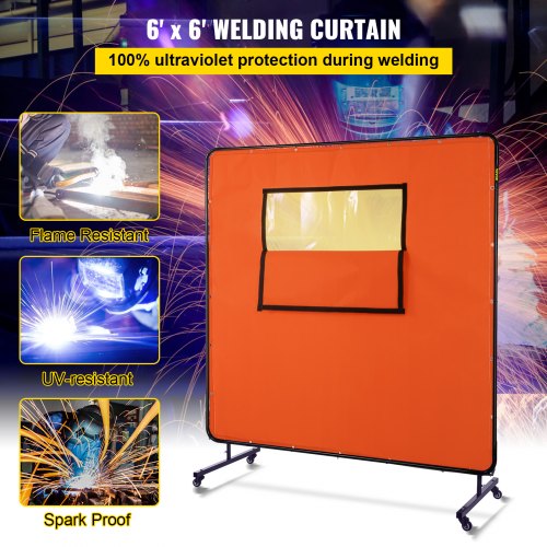 VEVOR Welding Curtain, 6' x 6', Welding Screen with Metal Frame & 4 Wheels, Fireproof Fiberglass w/Transparent Window, for Workshop, Industrial Site, Yellow