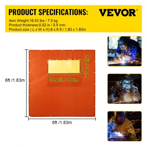 VEVOR Welding Curtain, 6' x 6', Welding Screen with Metal Frame & 4 Wheels, Fireproof Fiberglass w/Transparent Window, for Workshop, Industrial Site, Yellow