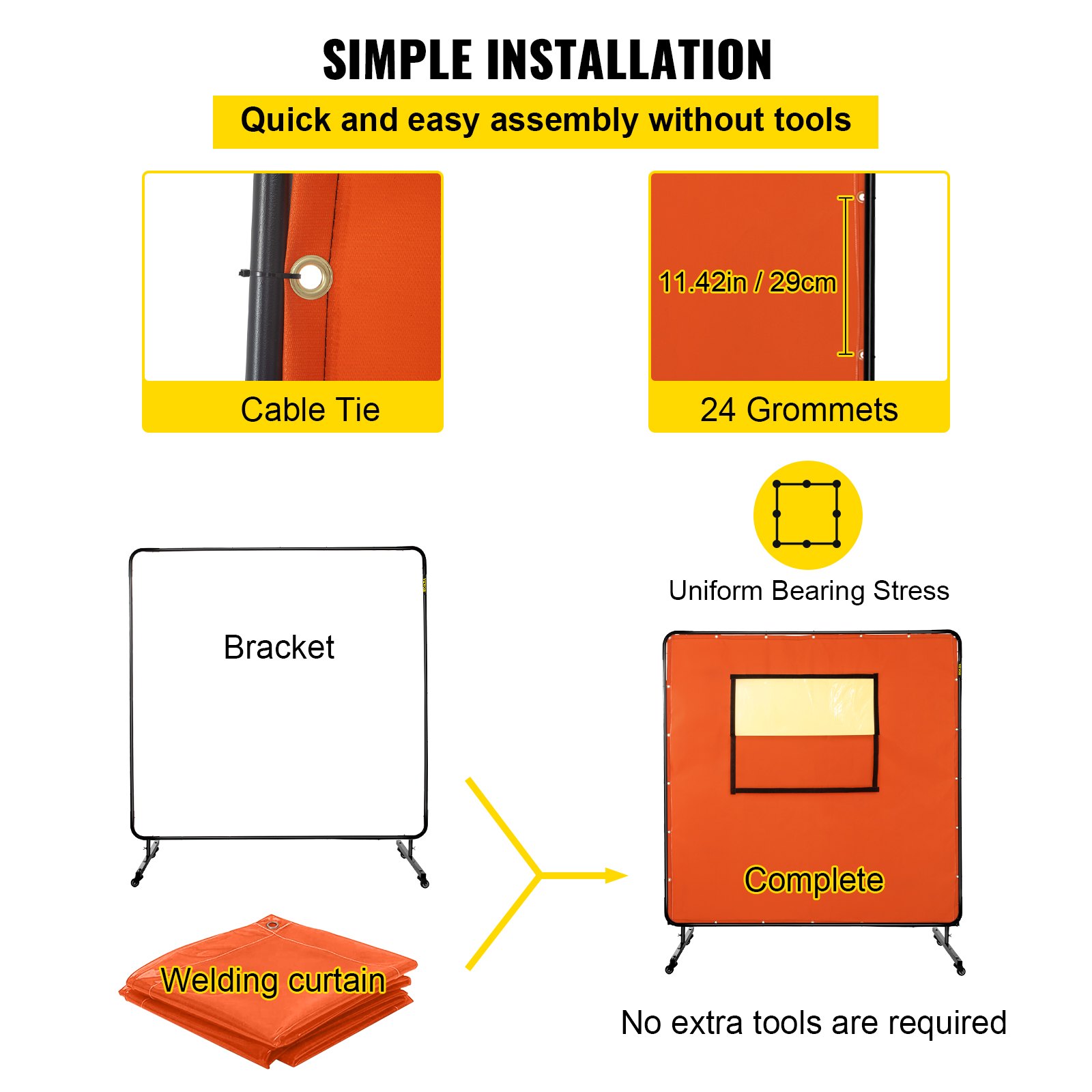 VEVOR Welding Curtain Welding Screen Frame 6' x 6' Fiberglass w/ Casters Yellow