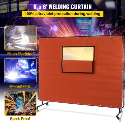 VEVOR Welding Curtain, 6' x 8', Welding Screen with Metal Frame & 4 Wheels, Fireproof Fiberglass w/ Transparent Window, for Workshop, Industrial Site, Red