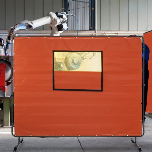 VEVOR Welding Curtain, 6' x 8', Welding Screen with Metal Frame & 4 Wheels, Fireproof Fiberglass w/ Transparent Window, for Workshop, Industrial Site, Red