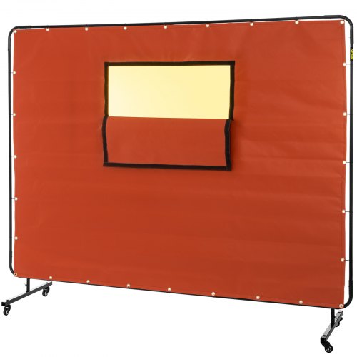 VEVOR Welding Curtain, 6' x 8', Welding Screen with Metal Frame & 4 Wheels, Fireproof Fiberglass with Transparent Window, for Workshop, Industrial Site, Red