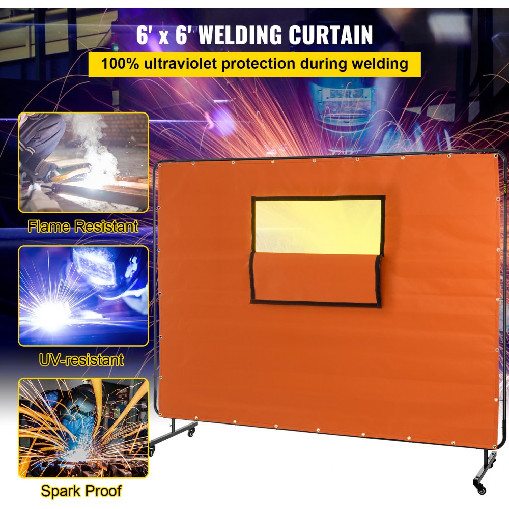VEVOR Welding Curtain, 6\' x 8\', Welding Screen with Metal Frame & 4 Wheels, Fireproof Fiberglass with Transparent Window, for Workshop, Industrial Site, Yellow