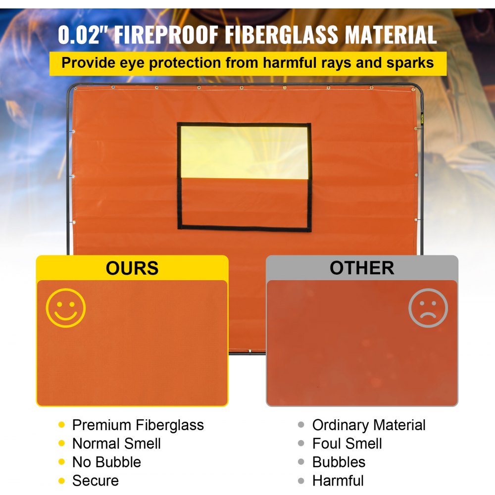 VEVOR Welding Curtain, 6\' x 8\', Welding Screen with Metal Frame & 4 Wheels, Fireproof Fiberglass with Transparent Window, for Workshop, Industrial Site, Yellow