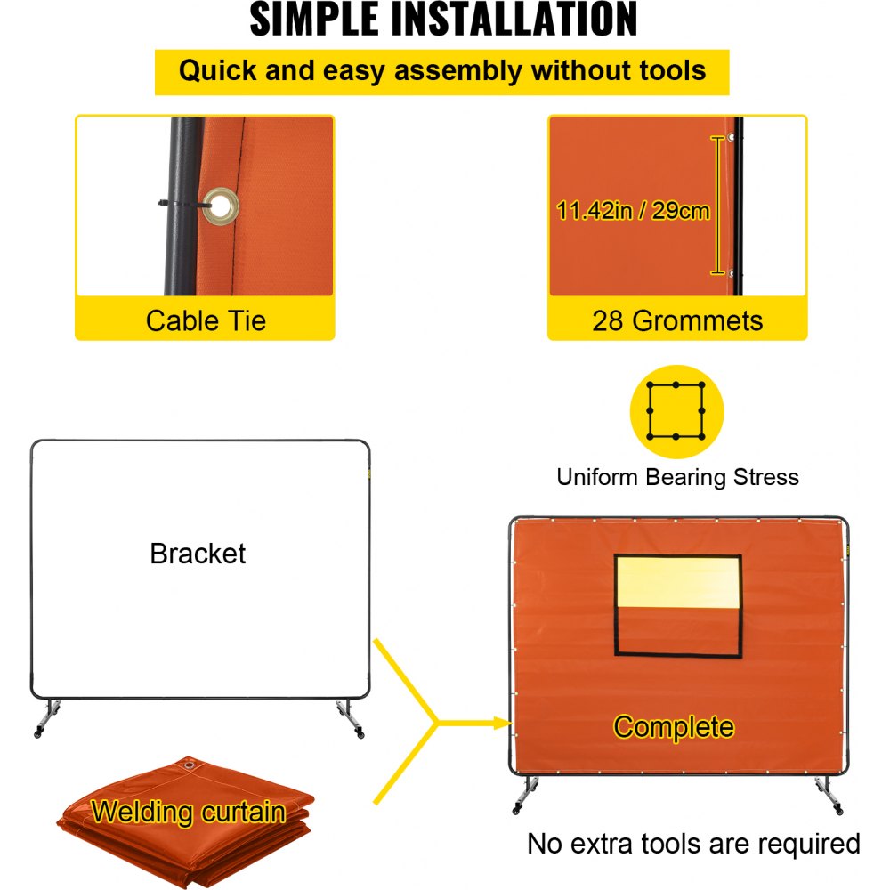 VEVOR Welding Curtain, 6\' x 8\', Welding Screen with Metal Frame & 4 Wheels, Fireproof Fiberglass with Transparent Window, for Workshop, Industrial Site, Yellow