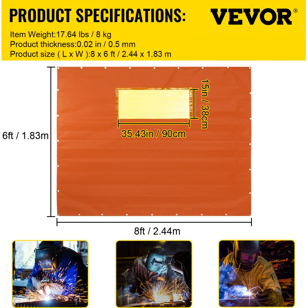 VEVOR Welding Curtain, 6\' x 8\', Welding Screen with Metal Frame & 4 Wheels, Fireproof Fiberglass with Transparent Window, for Workshop, Industrial Site, Yellow