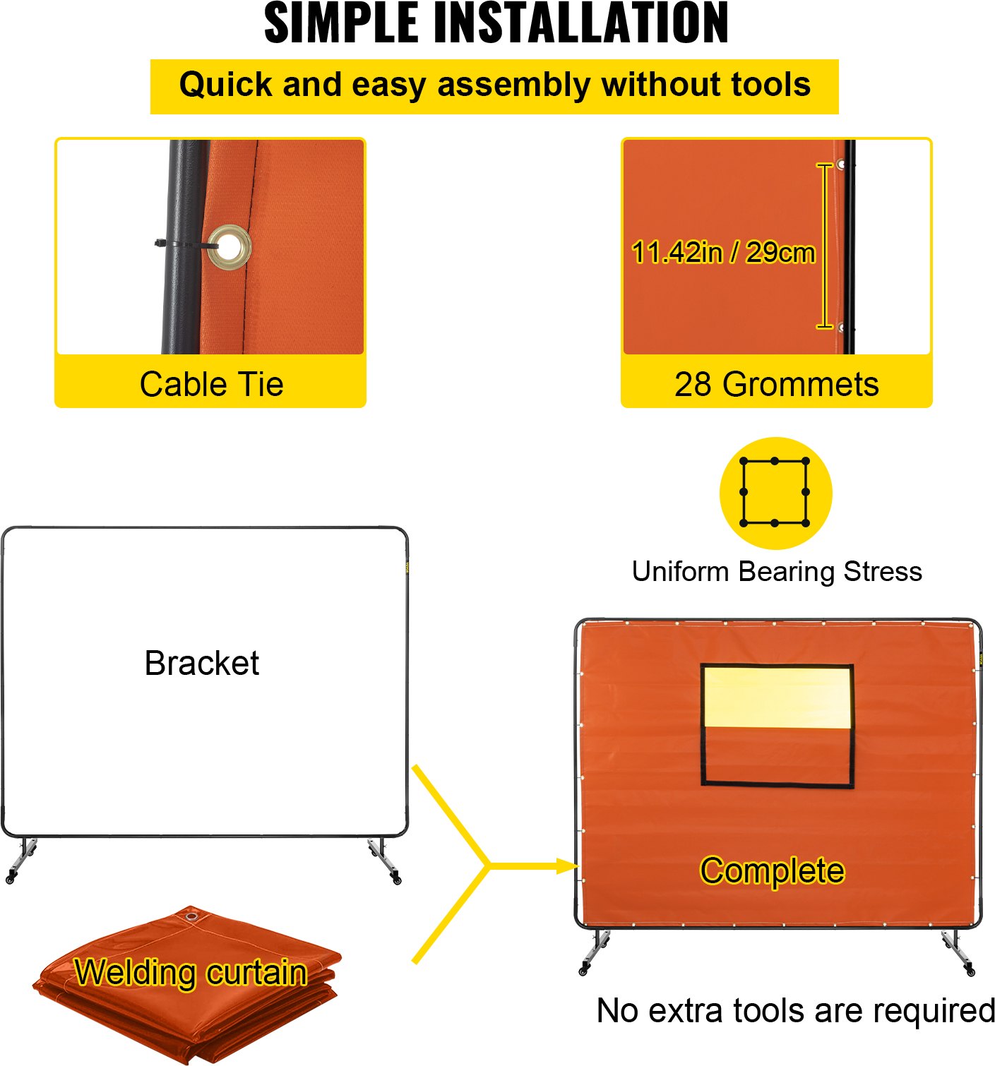VEVOR Welding Curtain Welding Screen Frame 6' x 8' Fiberglass w/ Casters Yellow