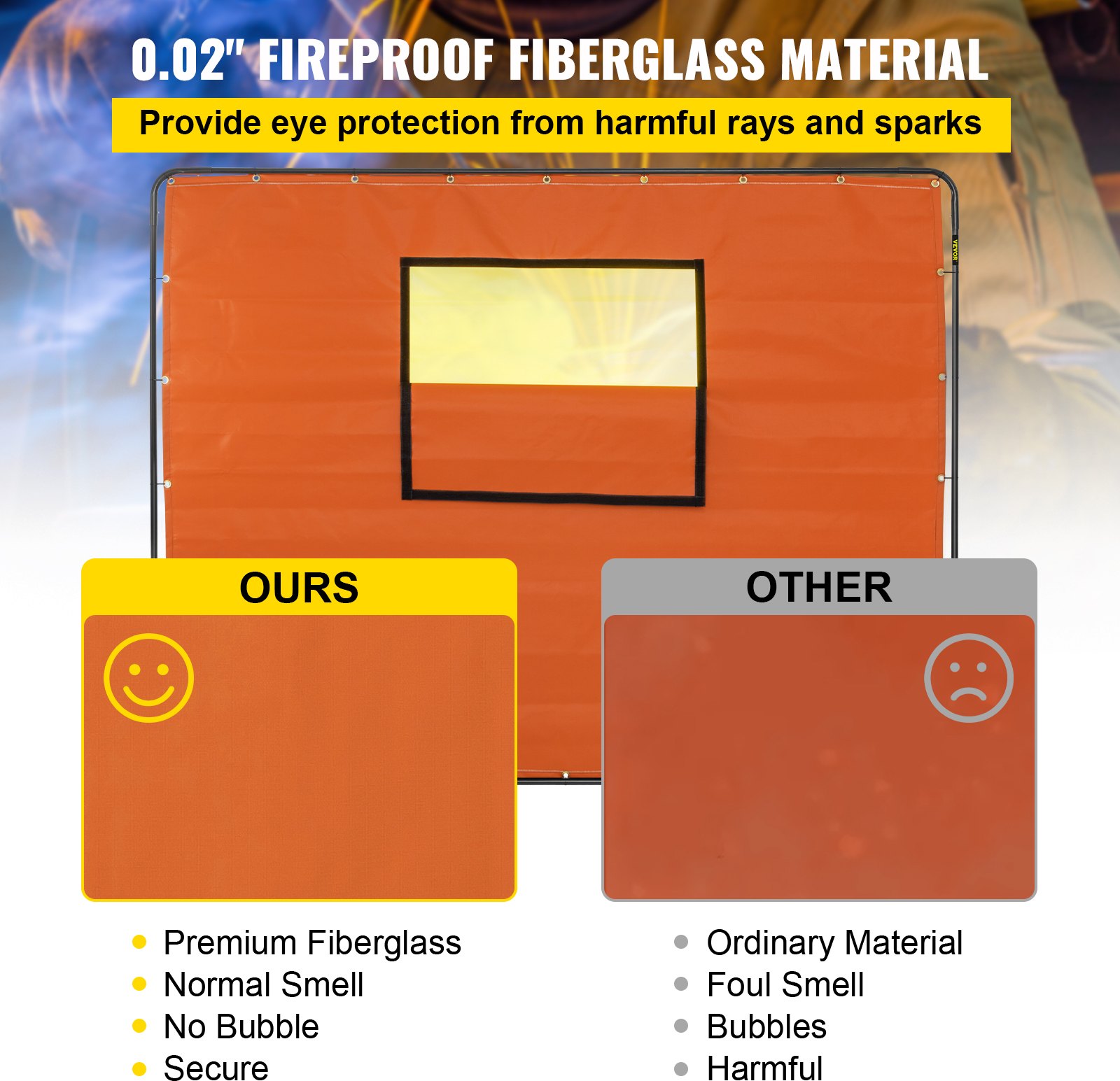 VEVOR Welding Curtain, 6\' x 8\', Welding Screen with Metal Frame & 4 Wheels, Fireproof Fiberglass with Transparent Window, for Workshop, Industrial Site, Yellow