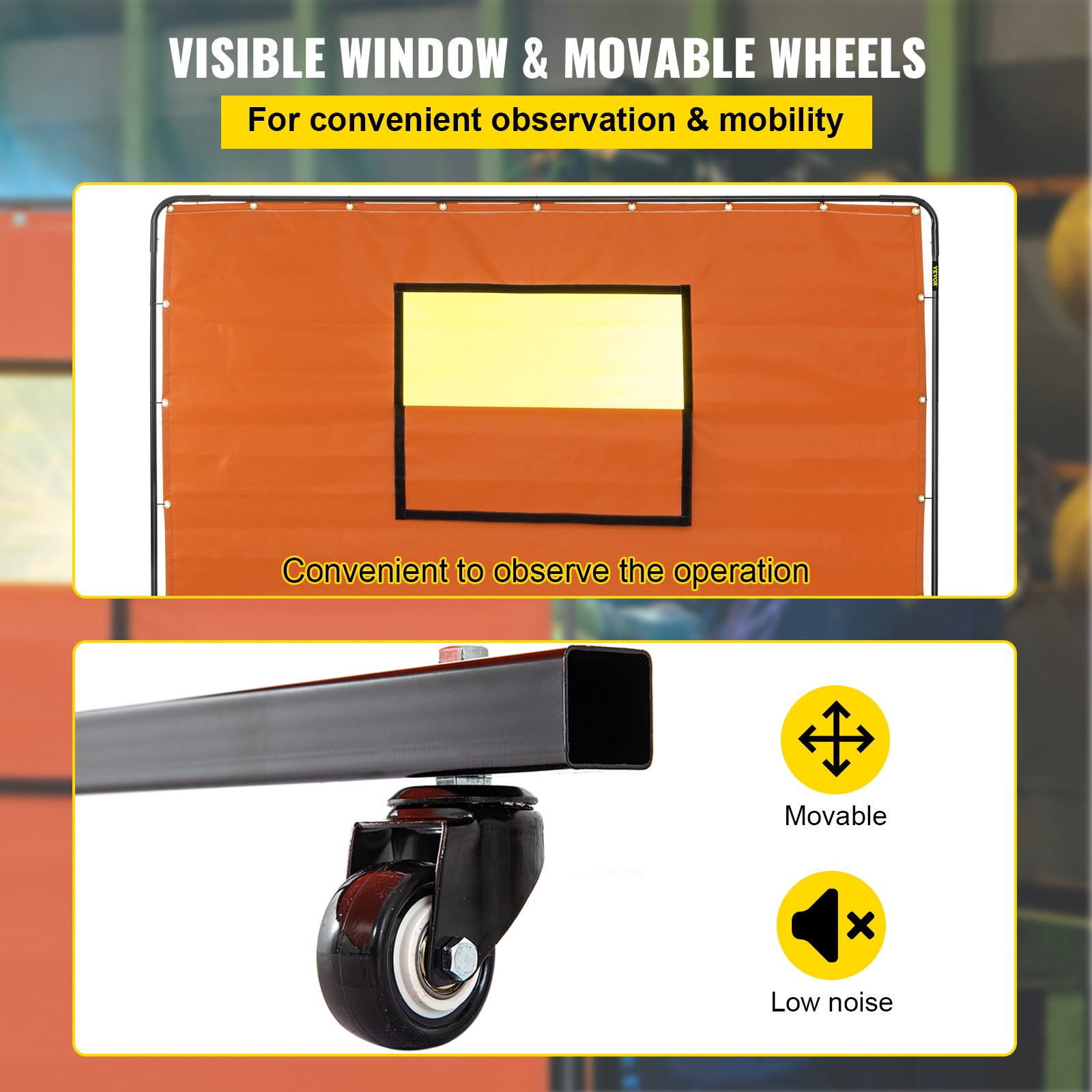 VEVOR Welding Curtain, 6\' x 8\', Welding Screen with Metal Frame & 4 Wheels, Fireproof Fiberglass with Transparent Window, for Workshop, Industrial Site, Yellow