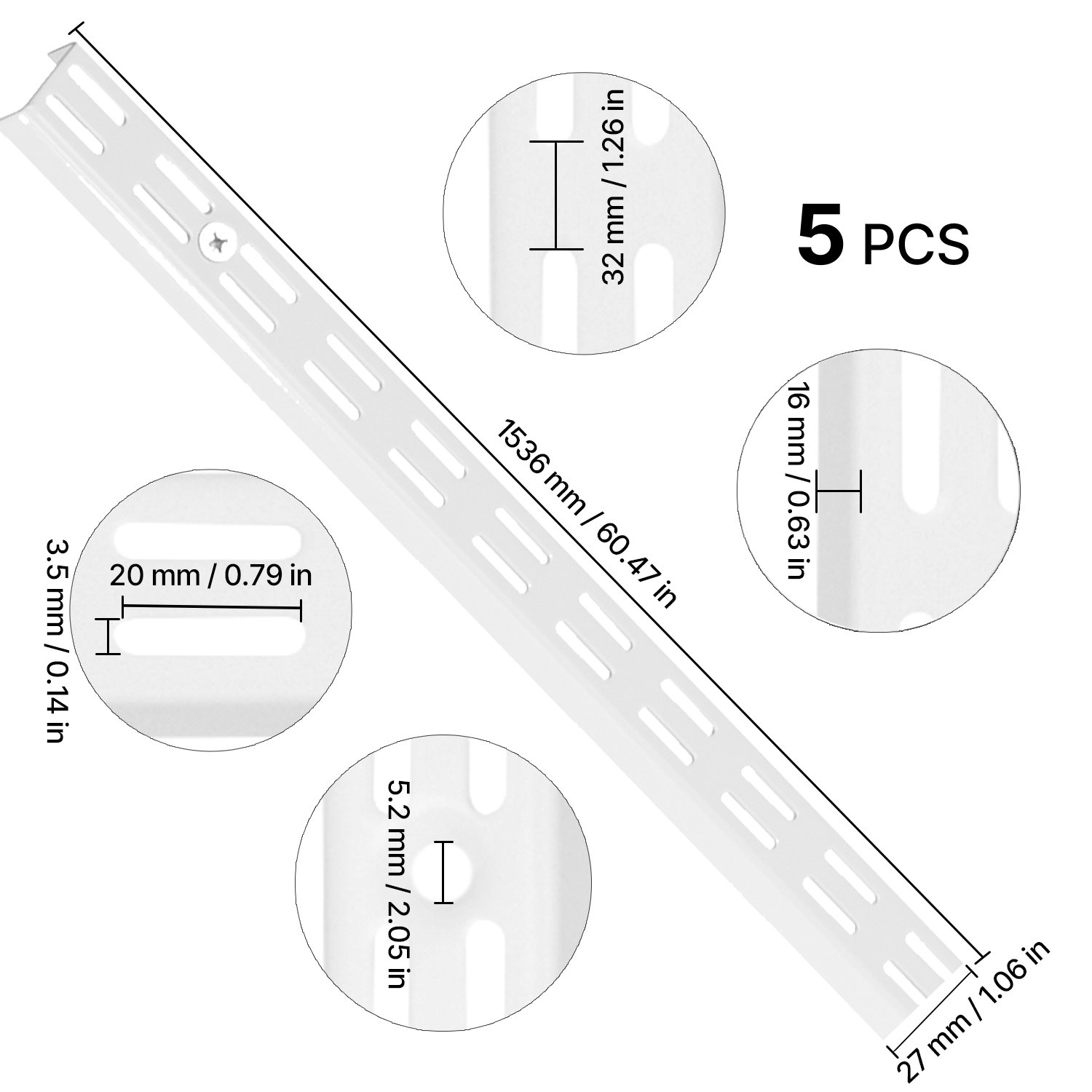 VEVOR Shelf Pilaster, 60-inch 5 Pack, Dual Track Upright Wall Shelving System, Heavy Duty Support System Twin Slot Shelf Rails, 25 Screws, Suitable for Cabinet Closet Organization Storage, Silver
