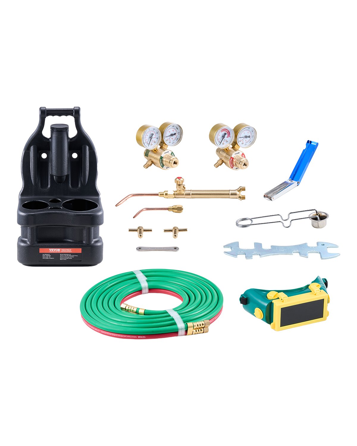 VEVOR Oxygen Acetylene Torch Kit, Gas Welding Torch Kit, 14PCS Portable Oxy Acetylene Brazing Set with 177'' Twin-Hose, 2 Welding Tips, Welding Torch, 2 Regulators, Cylinder Holder (without Cylinder)