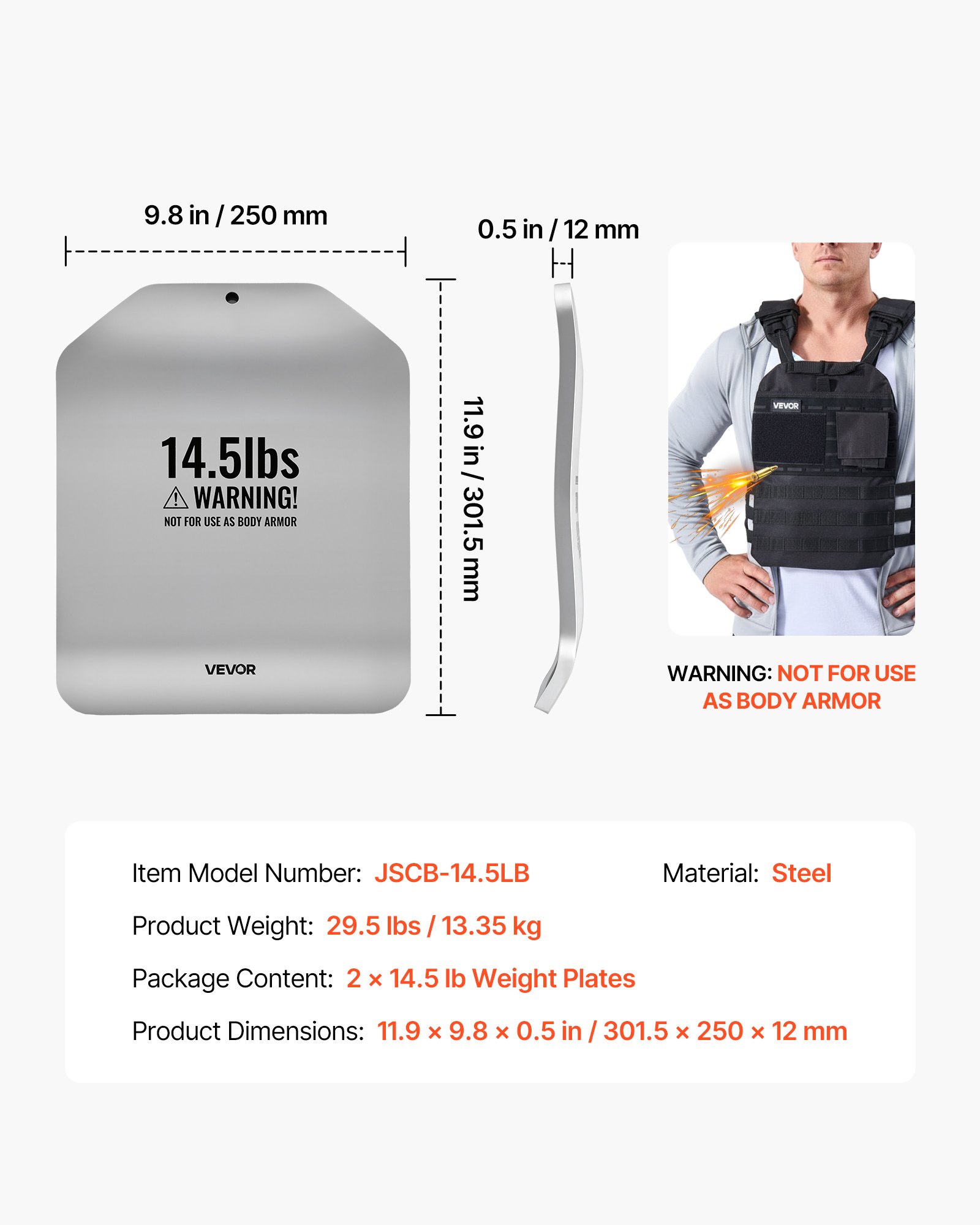 VEVOR Curved Weight Vest Plates, 6.6 kg Pairs, Premium Steel Tactical Weighted Plates for Vest, Ergonomic Design, for Strength Endurance Training, Running, Jogging, Fitness, Heavy Workouts