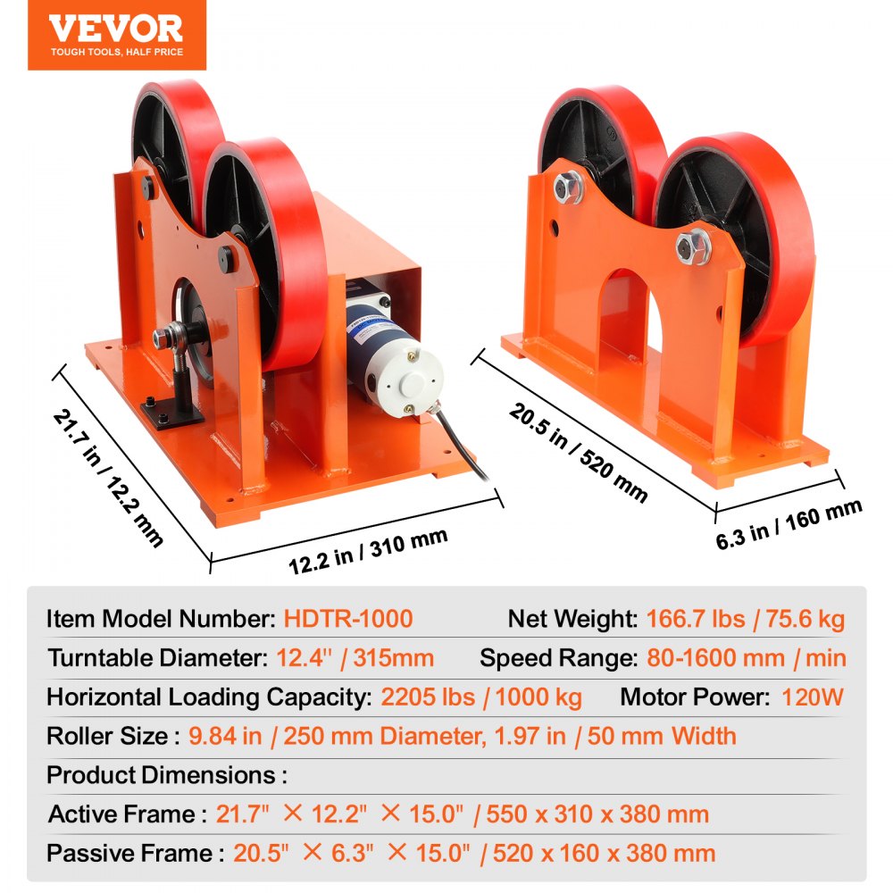 VEVOR Turning Rolls Linkage Roller, 1000KG/2205LBS Loading Welding Turning Roll, 25-1400mm Diameter, 80-1600 mm/min Rotary Welding Positioner & Welding Torch Stand for Welding Equipment Support