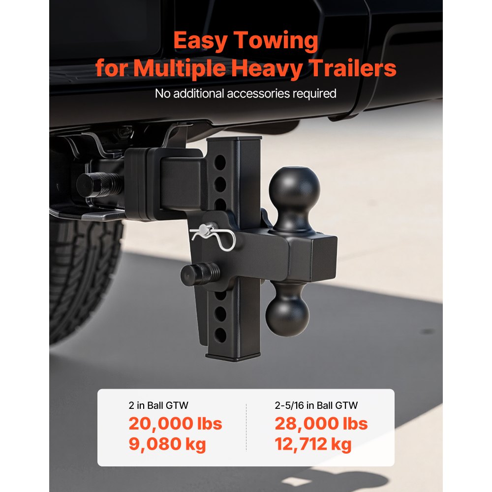 VEVOR Adjustable Trailer Hitch, Fit 2.5 Inch Receiver, Trailer Hitch Mount with 2 Inch & 2-5/16 Inch Balls, 28000 lbs GTW, 6 Inch Drop, Towing Ball Mounts for RVs, Off-Road Vehicles and Trucks, Black