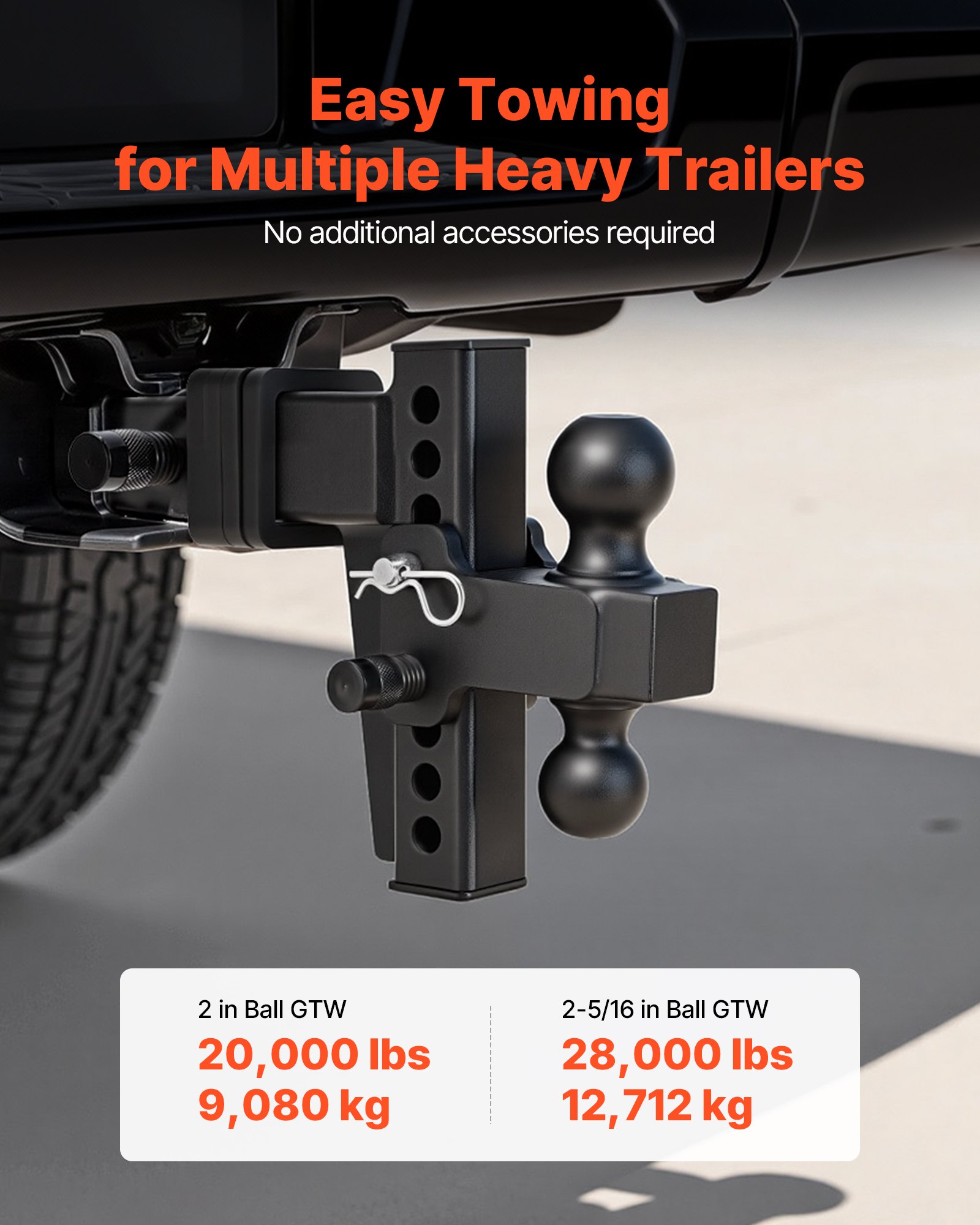 VEVOR Adjustable Trailer Hitch, Fit 2.5 Inch Receiver, Trailer Hitch Mount with 2 Inch & 2-5/16 Inch Balls, 28000 lbs GTW, 6 Inch Drop, Towing Ball Mounts for RVs, Off-Road Vehicles and Trucks, Black