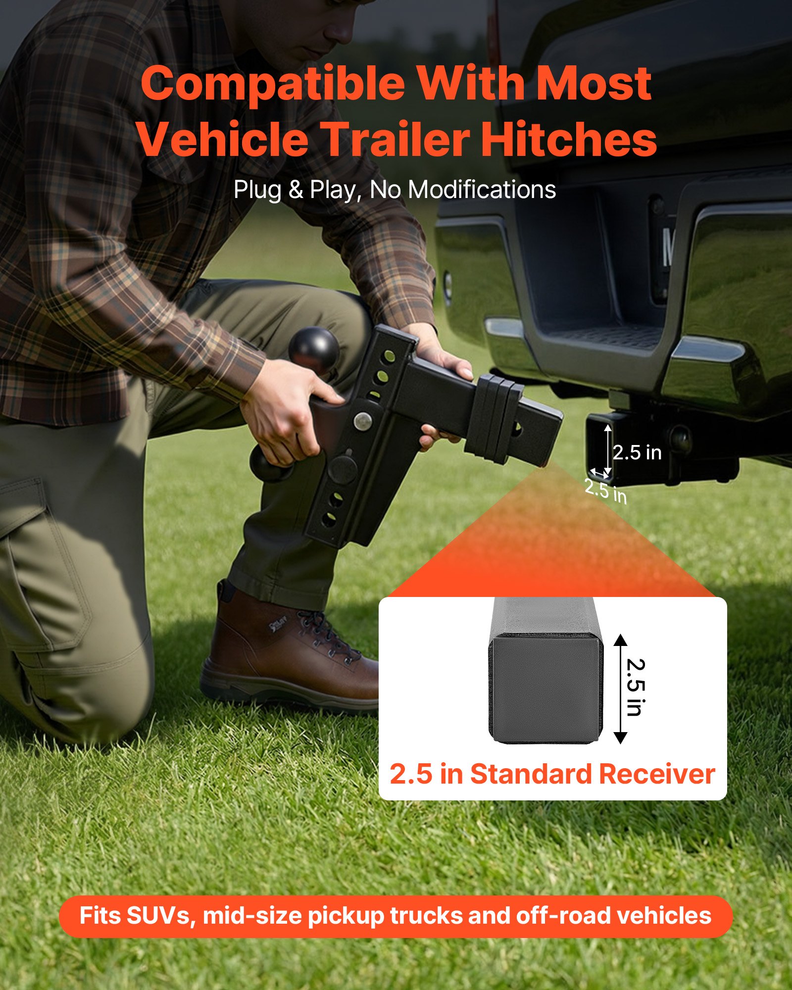 VEVOR Adjustable Trailer Hitch, Fit 2.5 Inch Receiver, Trailer Hitch Mount with 2 Inch & 2-5/16 Inch Balls, 28000 lbs GTW, 6 Inch Drop, Towing Ball Mounts for RVs, Off-Road Vehicles and Trucks, Black
