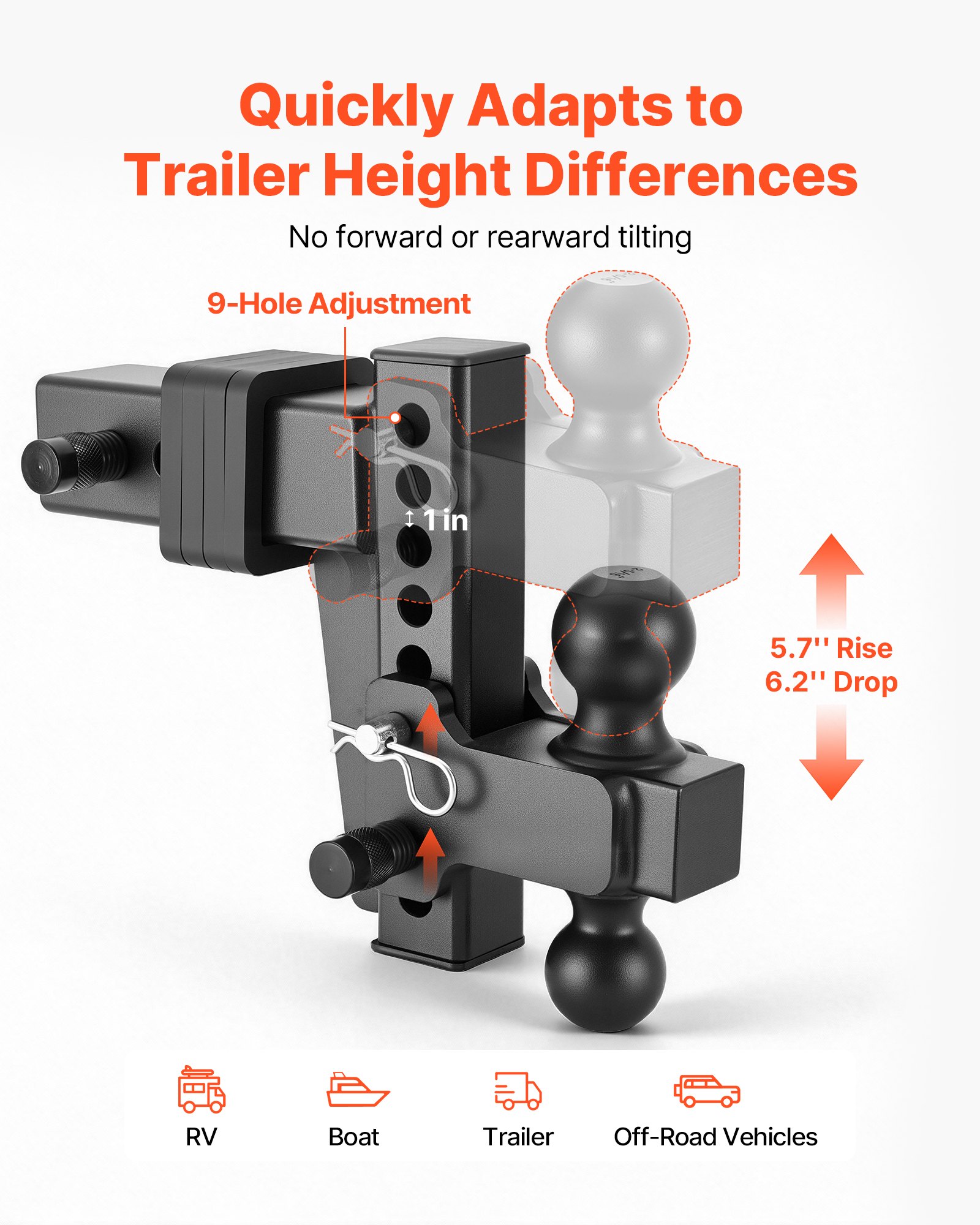 VEVOR Adjustable Trailer Hitch, Fit 2.5 Inch Receiver, Trailer Hitch Mount with 2 Inch & 2-5/16 Inch Balls, 28000 lbs GTW, 6 Inch Drop, Towing Ball Mounts for RVs, Off-Road Vehicles and Trucks, Black