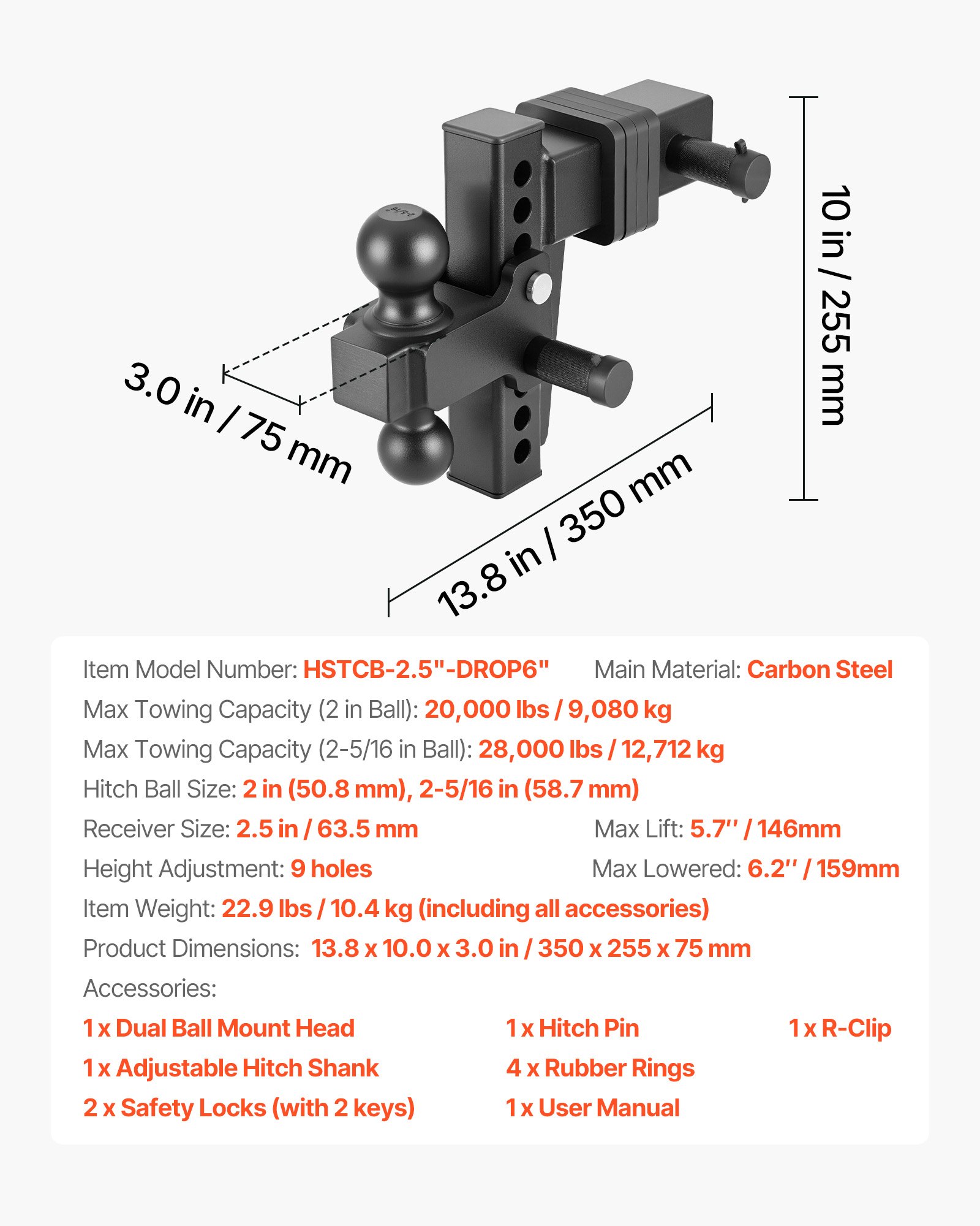 VEVOR Adjustable Trailer Hitch, Fit 2.5 Inch Receiver, Trailer Hitch Mount with 2 Inch & 2-5/16 Inch Balls, 28000 lbs GTW, 6 Inch Drop, Towing Ball Mounts for RVs, Off-Road Vehicles and Trucks, Black