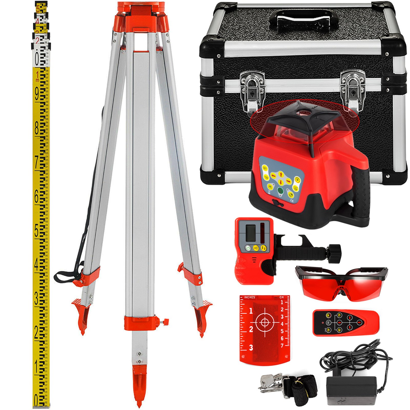 Niveau Laser Rotatif avec Trépied et Mire, Portée Mesure 500 m Kit Laser Rotatif avec Trépied et Mire, Niveau Laser Autonivelant à 360°, 165 cm Ouvert 104 cm Fermé Trépied Tôlescopique, 5 m Mire