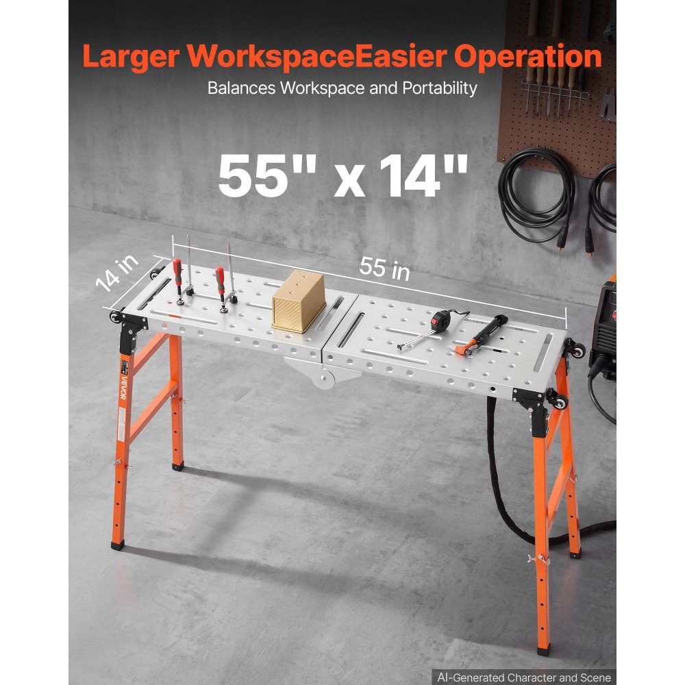 VEVOR 2-in-1 Folding Welding Table 1397 x 355.6mm Work Bench 500kg Capacity, 5-Level Height Adjustable, Heavy-Duty Steel Welding Platform with 4 Wheels, 12 Tool Slots & 14mm Fixture Holes for Workshop