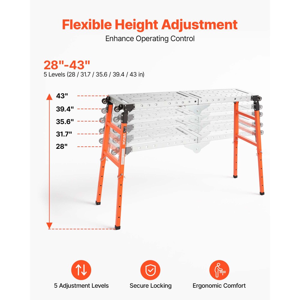 VEVOR 2-in-1 Folding Welding Table 1397 x 355.6mm Work Bench 500kg Capacity, 5-Level Height Adjustable, Heavy-Duty Steel Welding Platform with 4 Wheels, 12 Tool Slots & 14mm Fixture Holes for Workshop