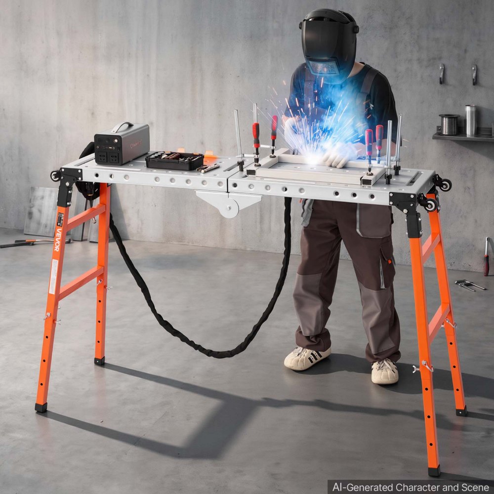 VEVOR 2-in-1 Folding Welding Table 1397 x 355.6mm Work Bench 500kg Capacity, 5-Level Height Adjustable, Heavy-Duty Steel Welding Platform with 4 Wheels, 12 Tool Slots & 14mm Fixture Holes for Workshop