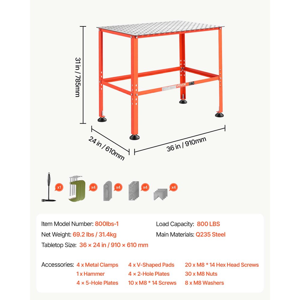 VEVOR Welding Table, 910 x 610mm Welding Workbench with 363 kg Weight Capacity, Heavy-Duty Steel Work Table Platform with 16mm Fixture Holes for Welding, Metal Fabrication, Assembly, Repair Tasks