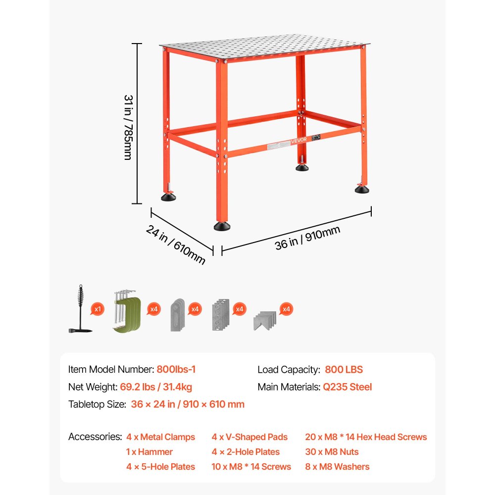 VEVOR Welding Table, 36" x 24" Welding Workbench with 800LBS Weight Capacity, Heavy-Duty Steel Work Table Platform with 0.63" Fixture Holes for Welding, Metal Fabrication, Assembly, Repair Tasks