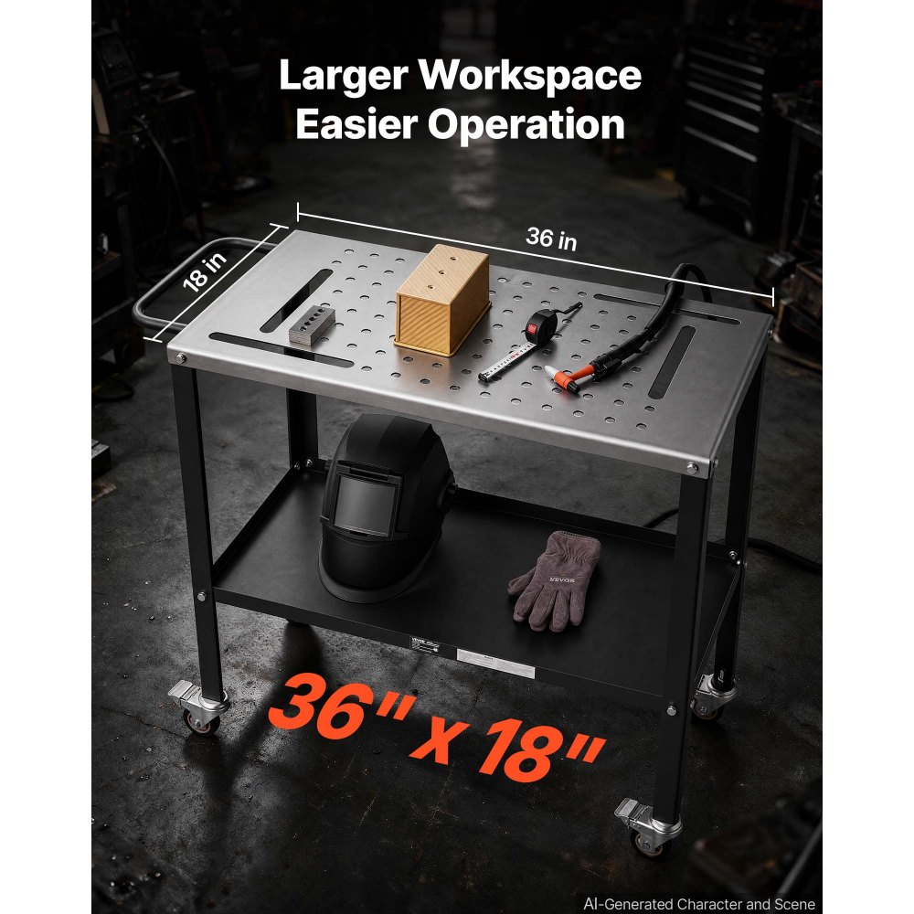 VEVOR Welding Table 36" x 18" Movable Welding Workbench 1200LBS Capacity, Heavy-Duty Steel Work Table Platform with 4 Lockable Casters, 4 Tool Slots, 0.63" Fixture Holes, Tool Tray for Workshops