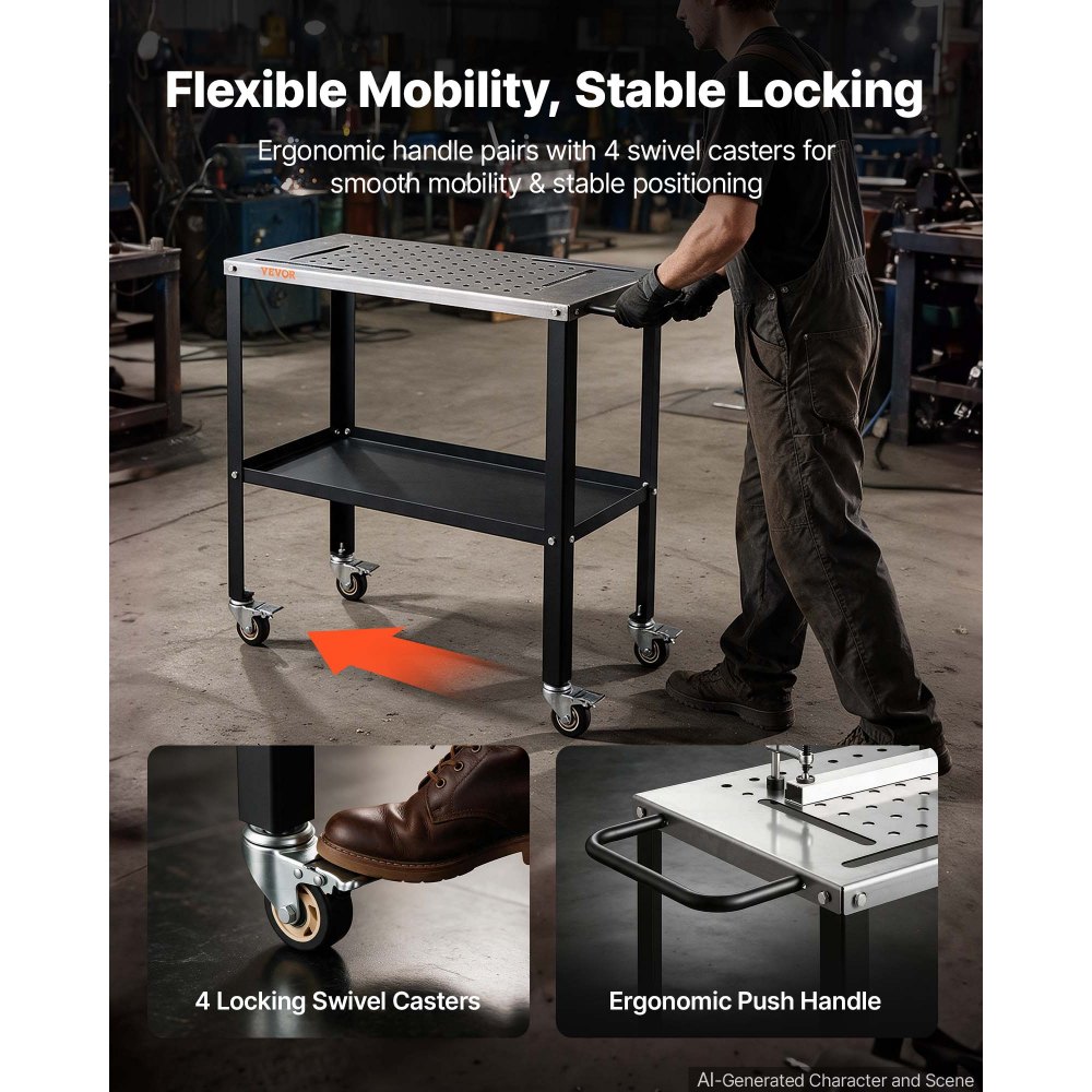 VEVOR Welding Table 36" x 18" Movable Welding Workbench 1200LBS Capacity, Heavy-Duty Steel Work Table Platform with 4 Lockable Casters, 4 Tool Slots, 0.63" Fixture Holes, Tool Tray for Workshops