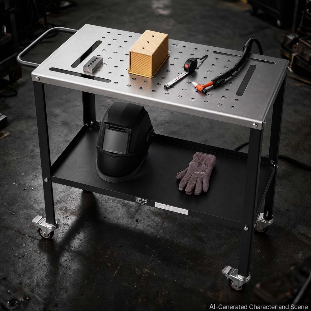 VEVOR Welding Table 36" x 18" Movable Welding Workbench 1200LBS Capacity, Heavy-Duty Steel Work Table Platform with 4 Lockable Casters, 4 Tool Slots, 0.63" Fixture Holes, Tool Tray for Workshops