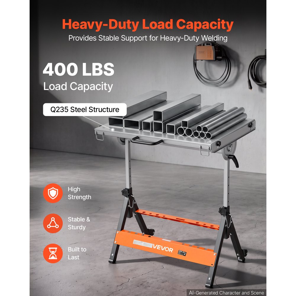 VEVOR Foldable Welding Table 30" x 20" Welding Workbench 400LBS Capacity, 5-Level Height Adjustable Work Table with 3 Tilt Angles & 3 Tool Slots, Heavy-Duty Steel Platform for Welding Assembly Repair