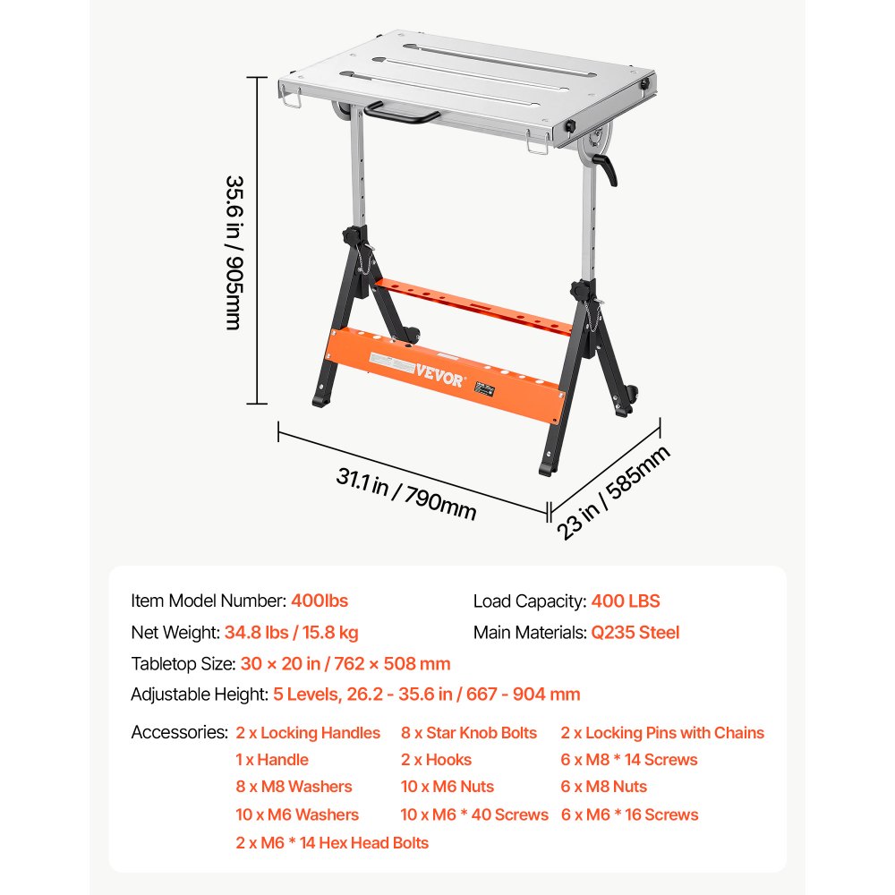 VEVOR Foldable Welding Table 30" x 20" Welding Workbench 400LBS Capacity, 5-Level Height Adjustable Work Table with 3 Tilt Angles & 3 Tool Slots, Heavy-Duty Steel Platform for Welding Assembly Repair