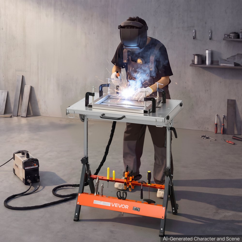 VEVOR Foldable Welding Table 30" x 20" Welding Workbench 400LBS Capacity, 5-Level Height Adjustable Work Table with 3 Tilt Angles & 3 Tool Slots, Heavy-Duty Steel Platform for Welding Assembly Repair