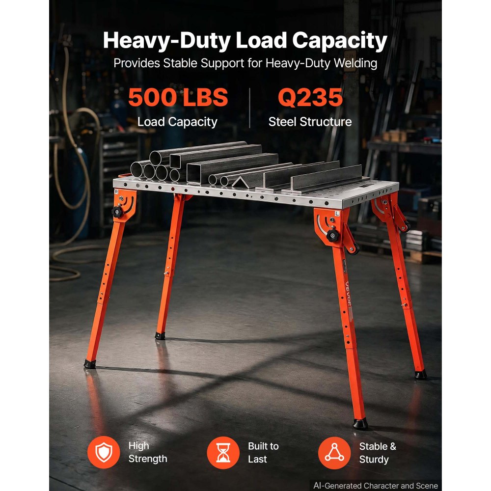 Mesa de soldadura plegable VEVOR, banco de trabajo de soldadura de 112 x 53 cm, capacidad de 227 kg, altura ajustable en 4 niveles, mesa de trabajo de acero resistente con 6 ranuras para herramientas y orificios de fijación de 1,6 cm para soldadura, ensamblaje y reparación.