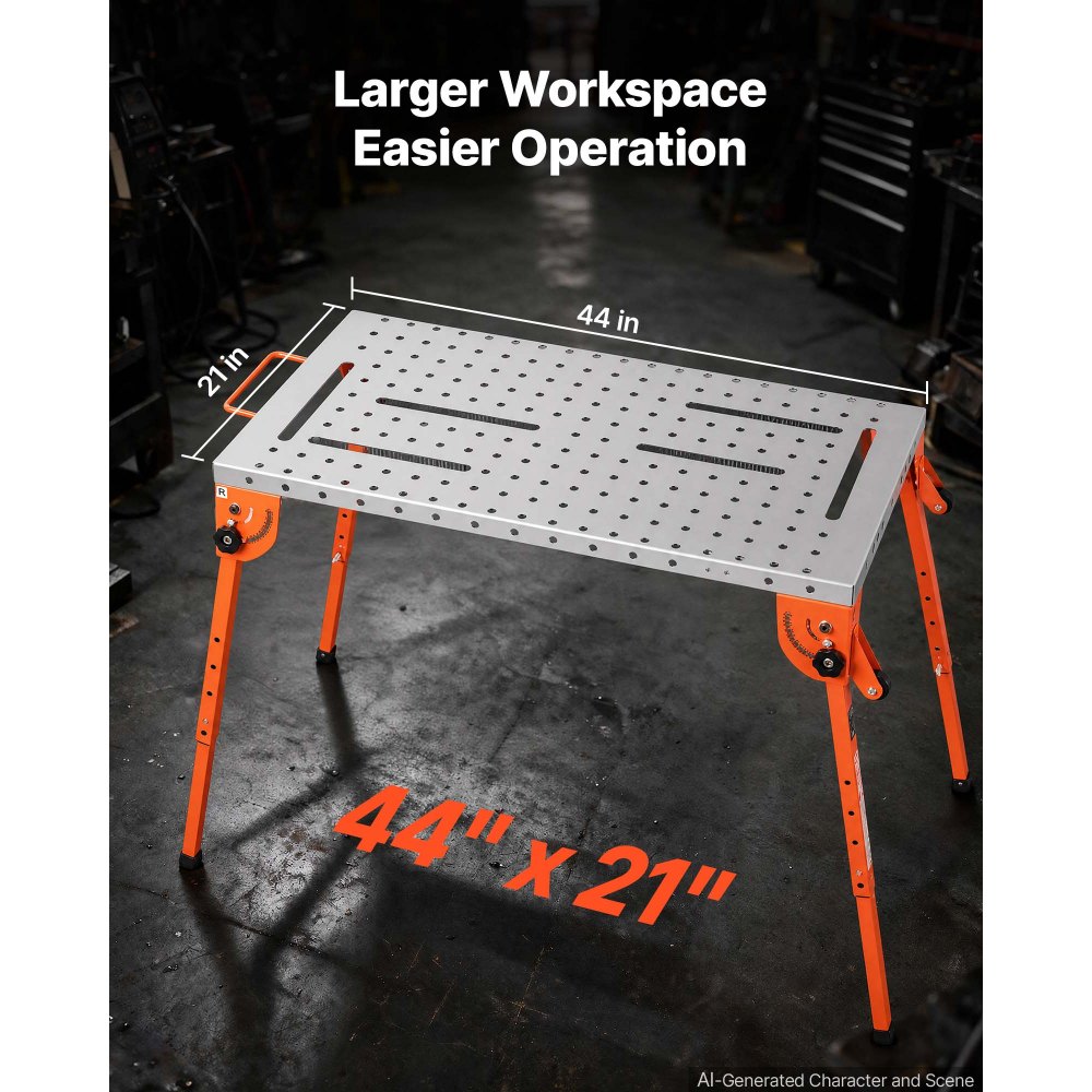 Mesa de soldadura plegable VEVOR, banco de trabajo de soldadura de 112 x 53 cm, capacidad de 227 kg, altura ajustable en 4 niveles, mesa de trabajo de acero resistente con 6 ranuras para herramientas y orificios de fijación de 1,6 cm para soldadura, ensamblaje y reparación.