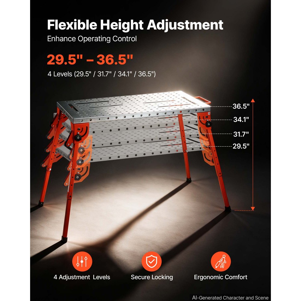Mesa de soldadura plegable VEVOR, banco de trabajo de soldadura de 112 x 53 cm, capacidad de 227 kg, altura ajustable en 4 niveles, mesa de trabajo de acero resistente con 6 ranuras para herramientas y orificios de fijación de 1,6 cm para soldadura, ensamblaje y reparación.