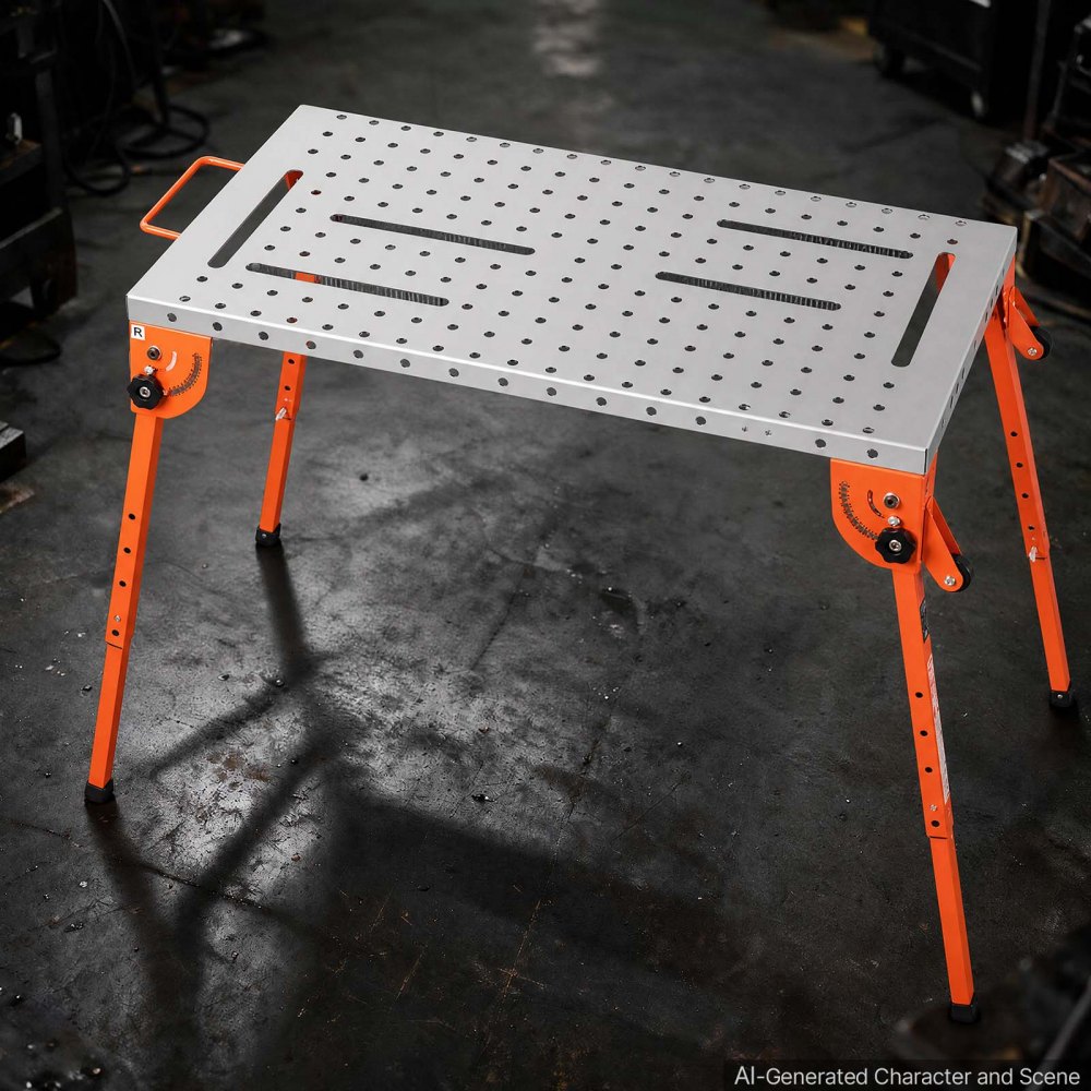 Mesa de soldadura plegable VEVOR, banco de trabajo de soldadura de 112 x 53 cm, capacidad de 227 kg, altura ajustable en 4 niveles, mesa de trabajo de acero resistente con 6 ranuras para herramientas y orificios de fijación de 1,6 cm para soldadura, ensamblaje y reparación.