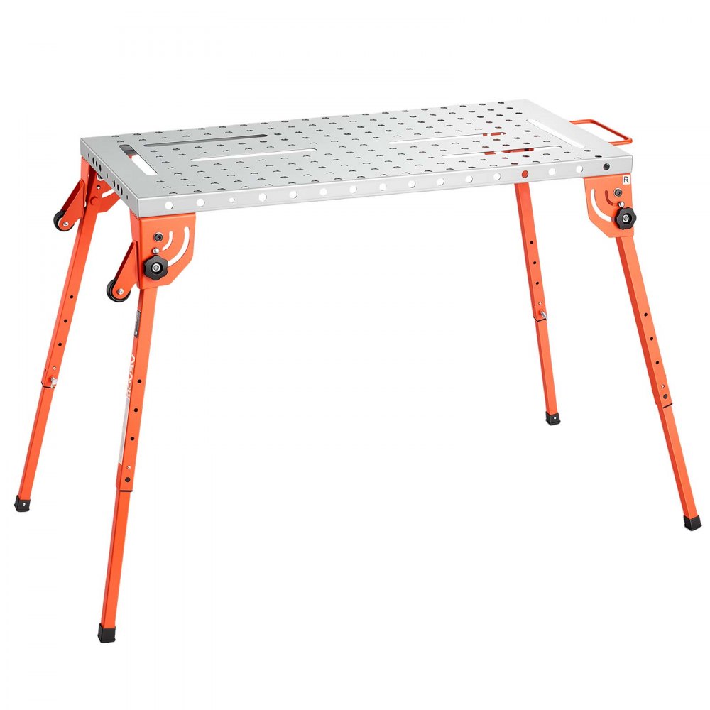Mesa de soldadura plegable VEVOR, banco de trabajo de soldadura de 112 x 53 cm, capacidad de 227 kg, altura ajustable en 4 niveles, mesa de trabajo de acero resistente con 6 ranuras para herramientas y orificios de fijación de 1,6 cm para soldadura, ensamblaje y reparación.