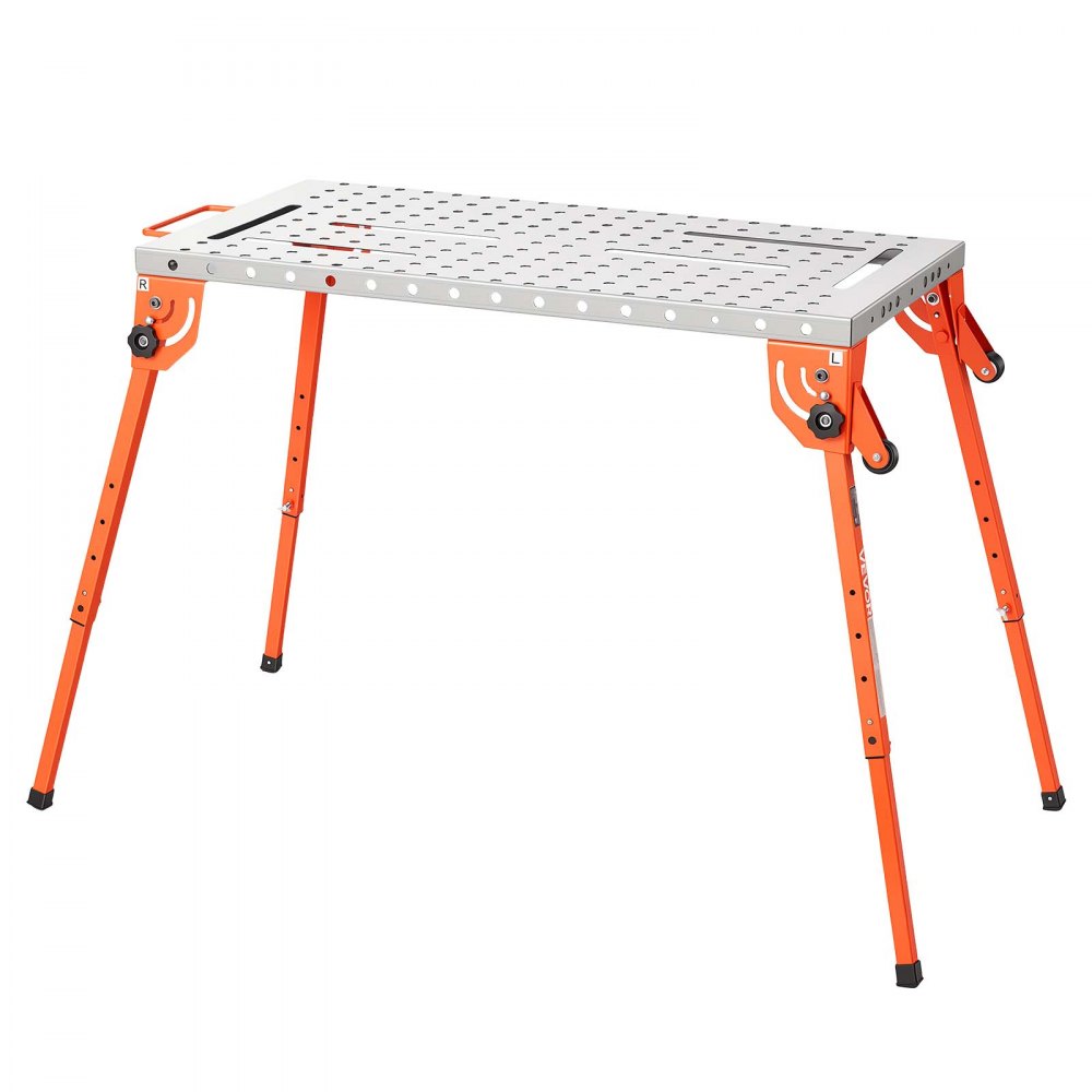 Mesa de soldadura plegable VEVOR, banco de trabajo de soldadura de 112 x 53 cm, capacidad de 227 kg, altura ajustable en 4 niveles, mesa de trabajo de acero resistente con 6 ranuras para herramientas y orificios de fijación de 1,6 cm para soldadura, ensamblaje y reparación.
