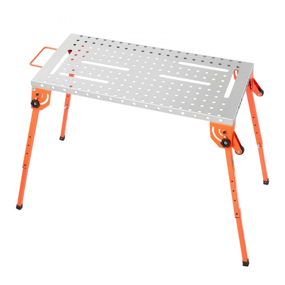 Mesa de soldadura plegable VEVOR, banco de trabajo de soldadura de 112 x 53 cm, capacidad de 227 kg, altura ajustable en 4 niveles, mesa de trabajo de acero resistente con 6 ranuras para herramientas y orificios de fijación de 1,6 cm para soldadura, ensamblaje y reparación.