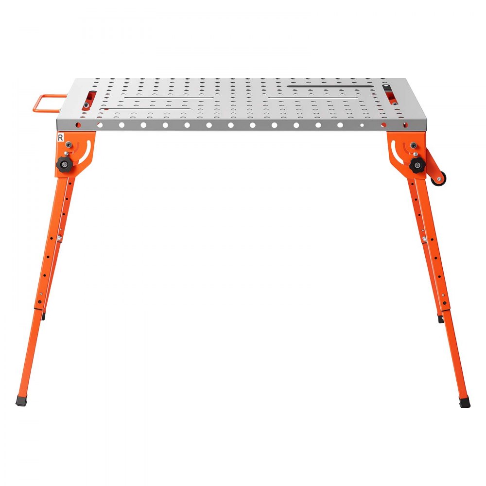 Mesa de soldadura plegable VEVOR, banco de trabajo de soldadura de 112 x 53 cm, capacidad de 227 kg, altura ajustable en 4 niveles, mesa de trabajo de acero resistente con 6 ranuras para herramientas y orificios de fijación de 1,6 cm para soldadura, ensamblaje y reparación.