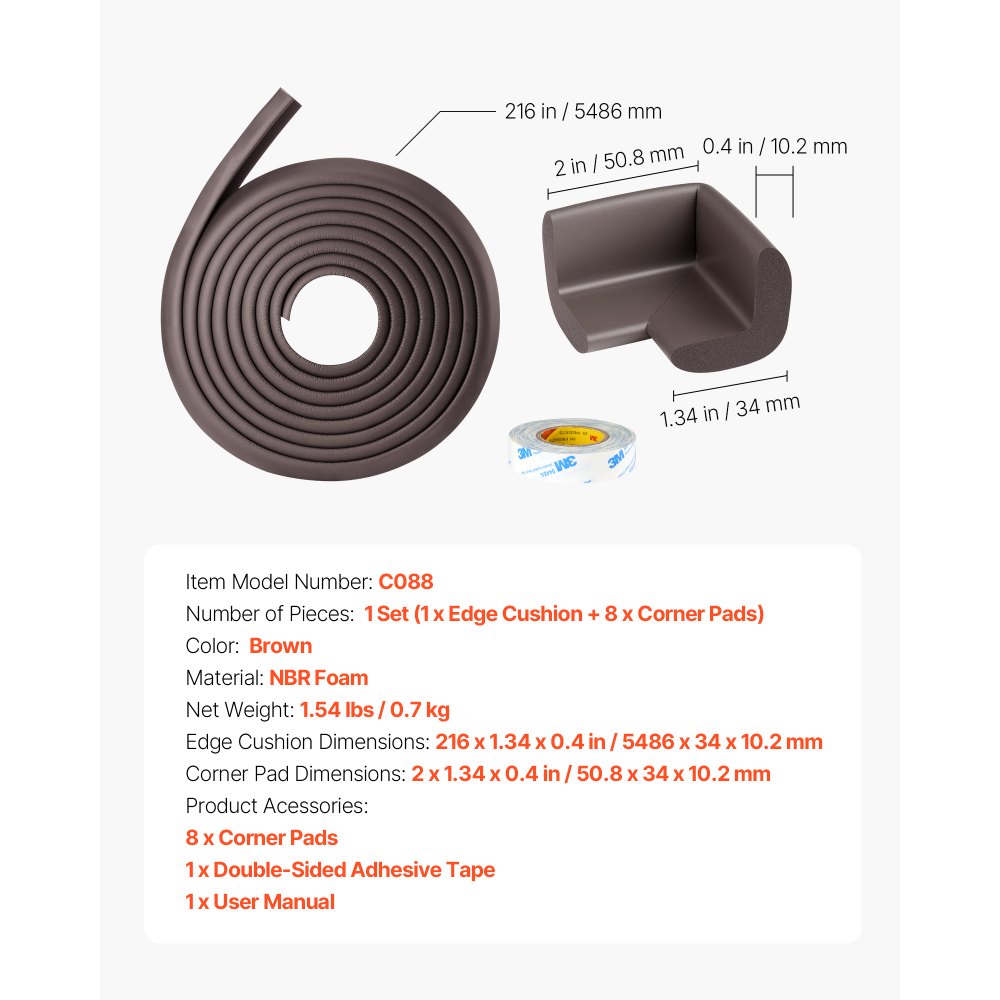 Protector de esquinas VEVOR para bebés, 5,5 m de cojín, 8 almohadillas para esquinas, espuma NBR suave, adhesivo 3M, protectores de mesa a prueba de niños, fácil instalación, para muebles y chimeneas.