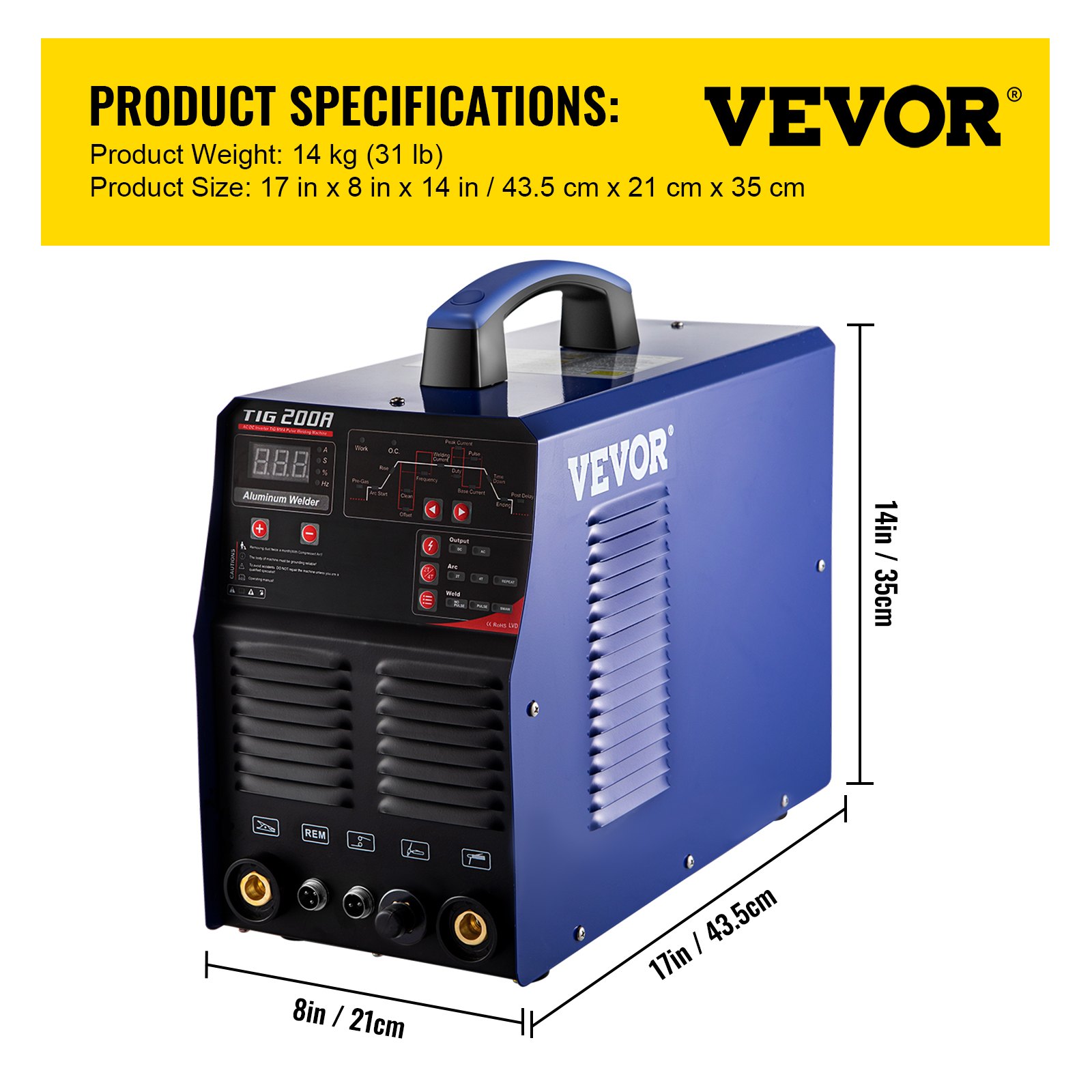 VEVOR TIG Welder AC/DC, 3 in 1 TIG/MMA/ARC Welding Machine with 110/220V Dual Voltage, 200A Aluminum MMA Welder w/Inverter IGBT and Digital Panel, Multiprocess ARC Welder
