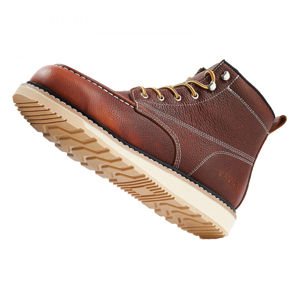 VEVOR Steel Toe Work Boots, UK Size 7.5, Waterproof Moc Toe Work Boots for Men, Slip-Resistant Work Boot, Lightweight and Breathable EVA Rubber Sole Mens Boots for Industry Construction, Brown