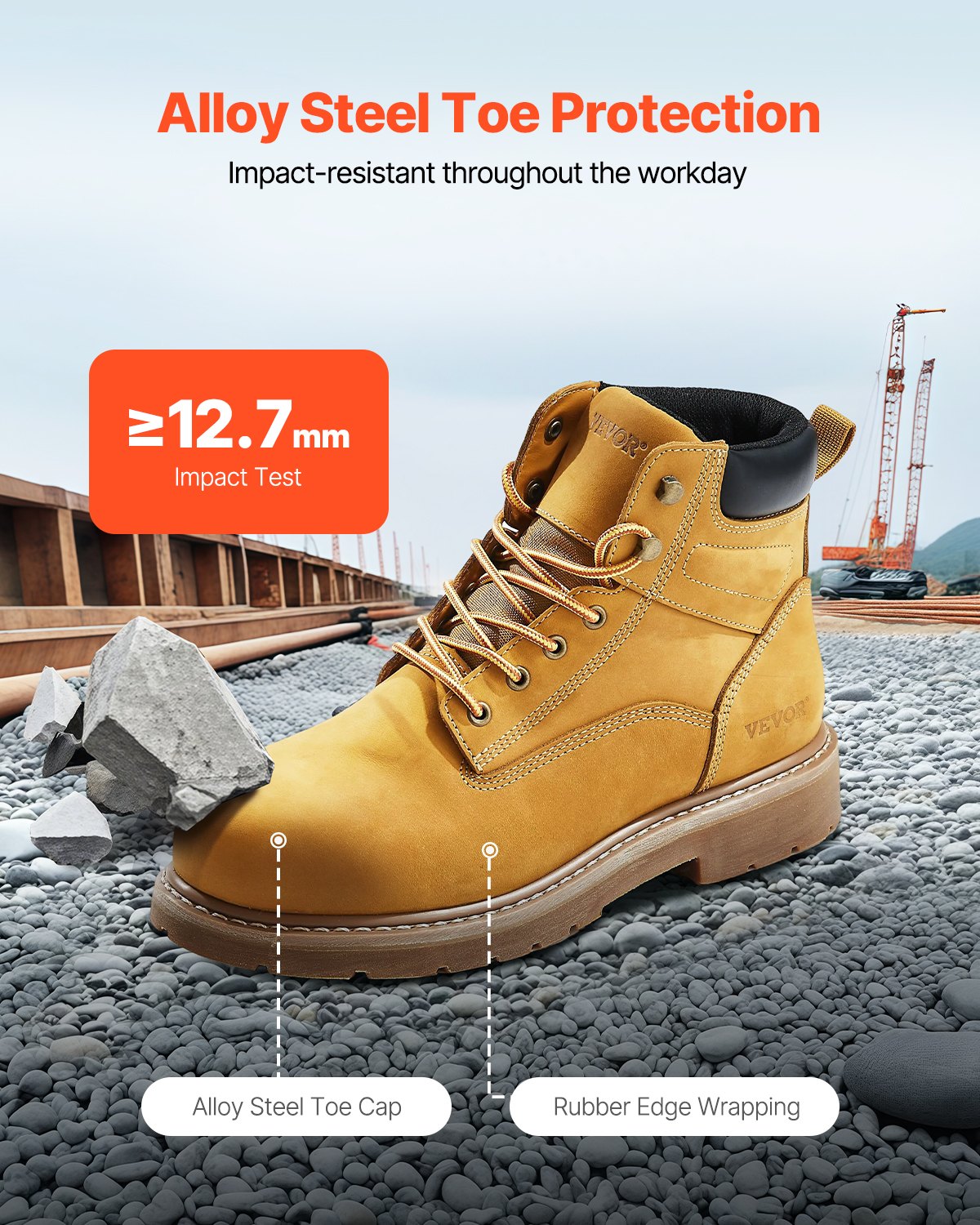 VEVOR Steel Toe Work Boots, UK Size 7.5, Waterproof Work Boots for Men, Slip-Resistant Work Boot, Lightweight and Breathable Rubber Sole Mens Boots for Industry Construction, Brown Yellow