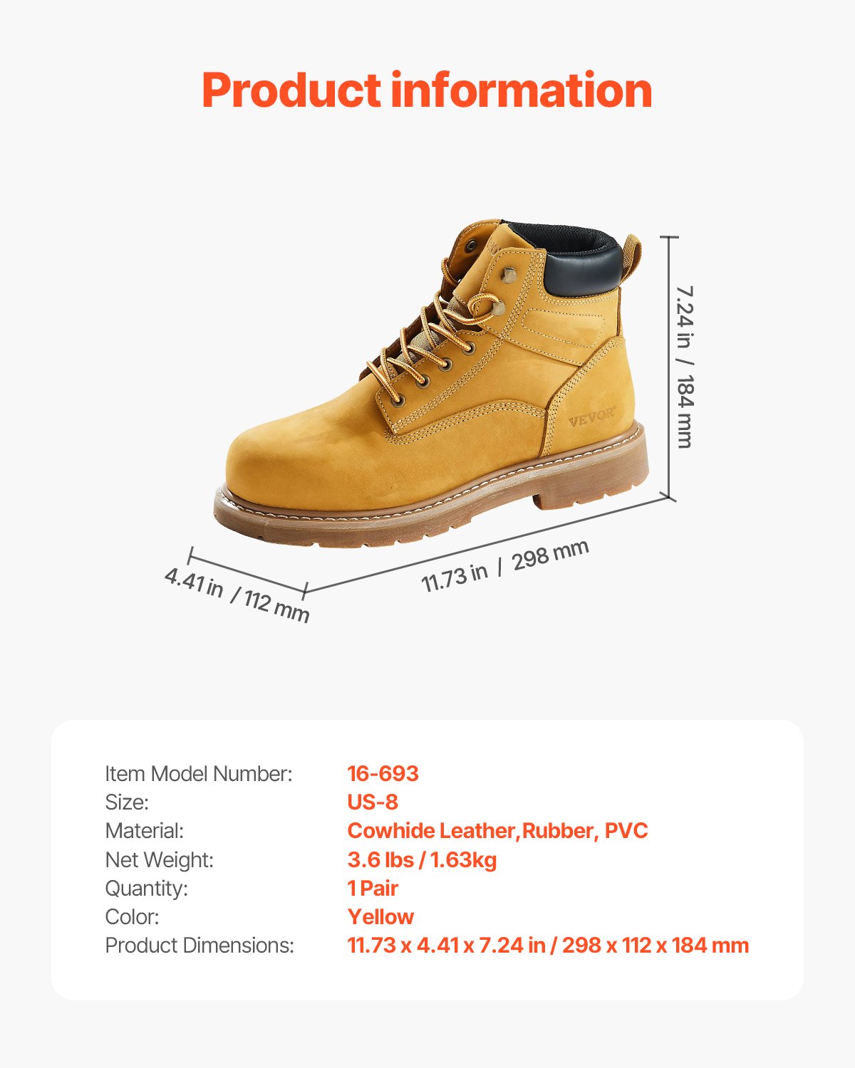 VEVOR Steel Toe Work Boots, UK Size 7, Waterproof Work Boots for Men, Slip-Resistant Work Boot, Lightweight and Breathable Rubber Sole Mens Boots for Industry Construction, Brown Yellow